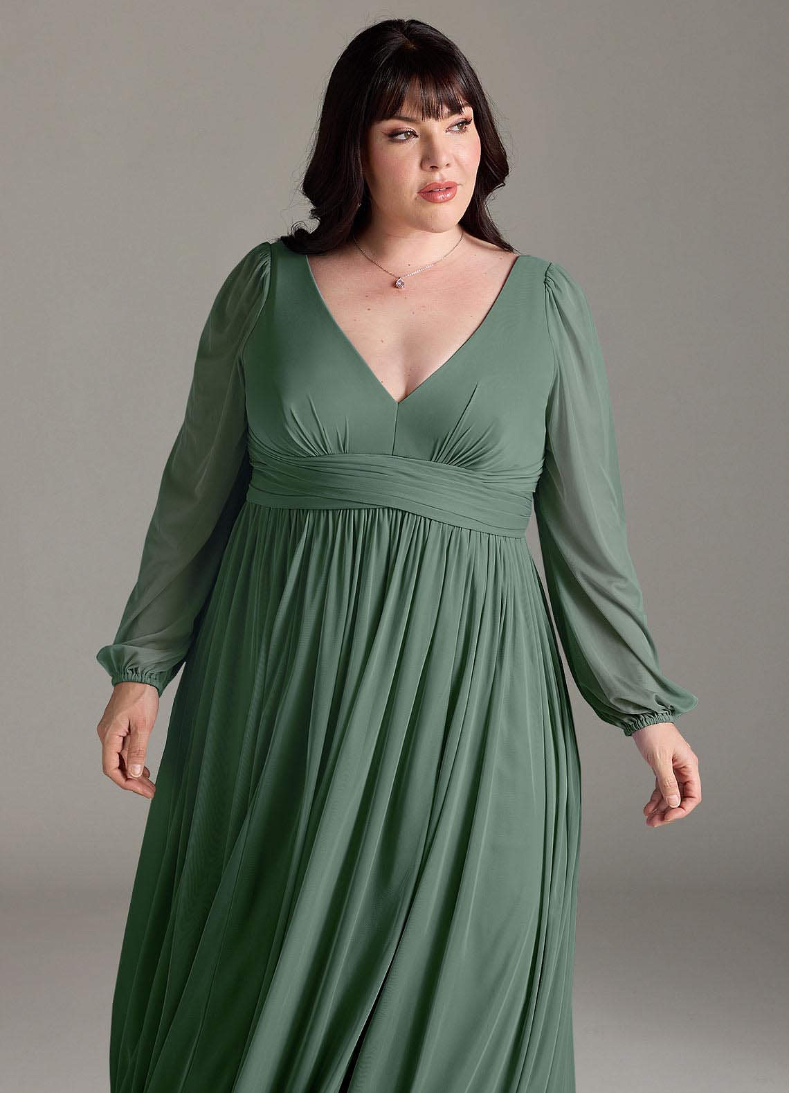 Azazie Norah Bridesmaid Dresses Eucalyptus A-Line V-Neck Long Sleeve Chiffon Dress image11