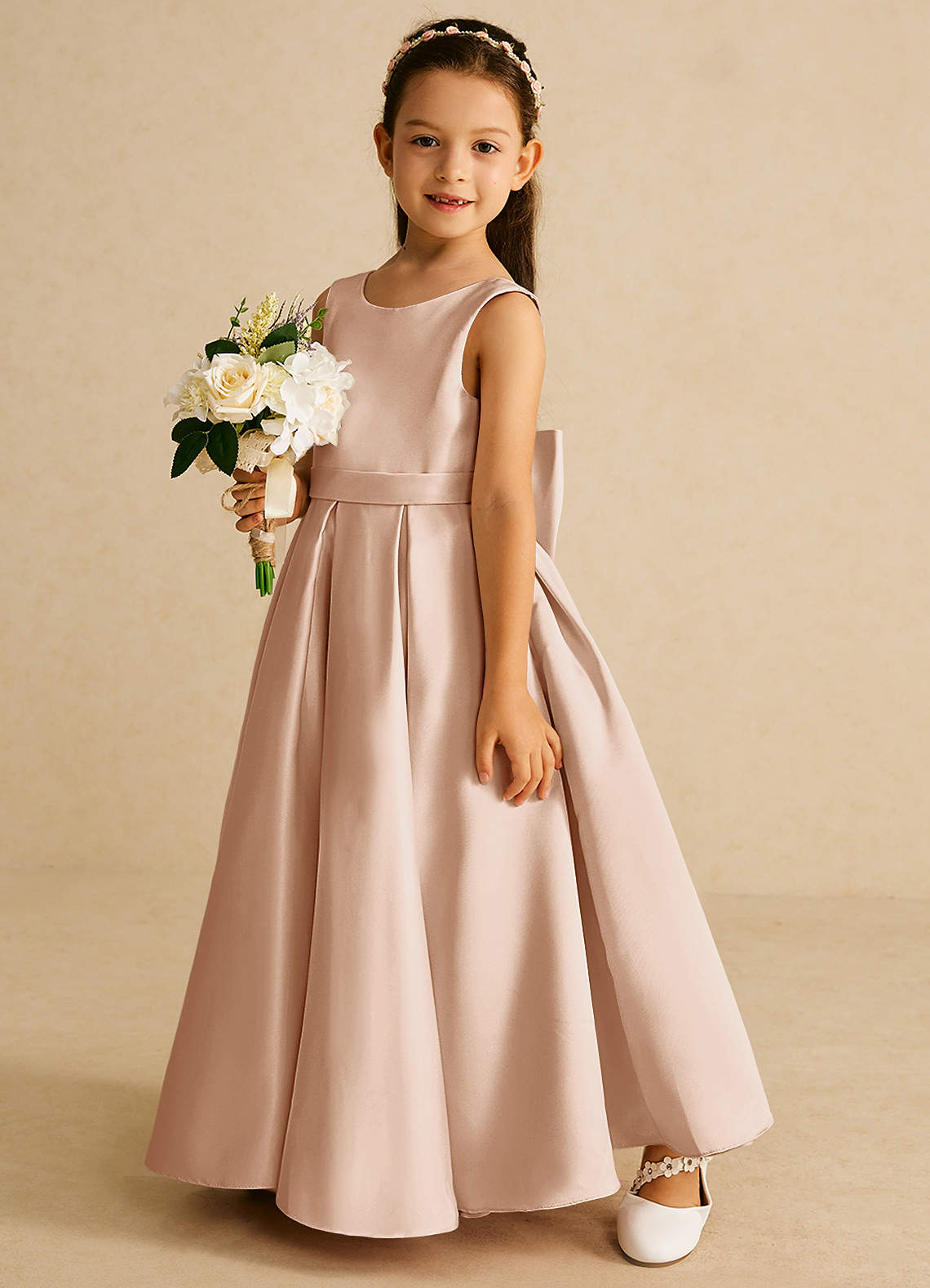 Azazie Pipsy Flower Girl Dresses English Rose A-Line Bow Matte Satin Dress image1