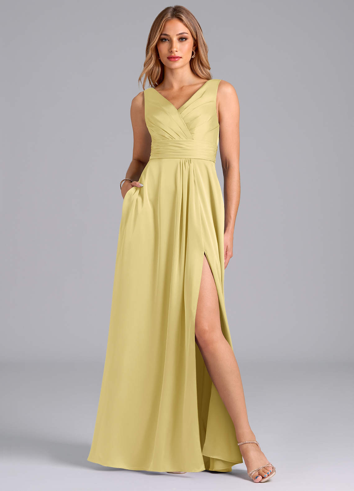 Azazie Karina Bridesmaid Dresses Lemon Sorbet A-Line Pleated Stretch Satin Dress image1