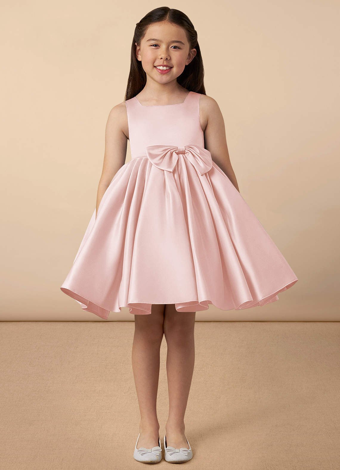 Azazie Bo Peep Flower Girl Dresses Blushing Pink A-Line Bow Matte Satin Dress image1