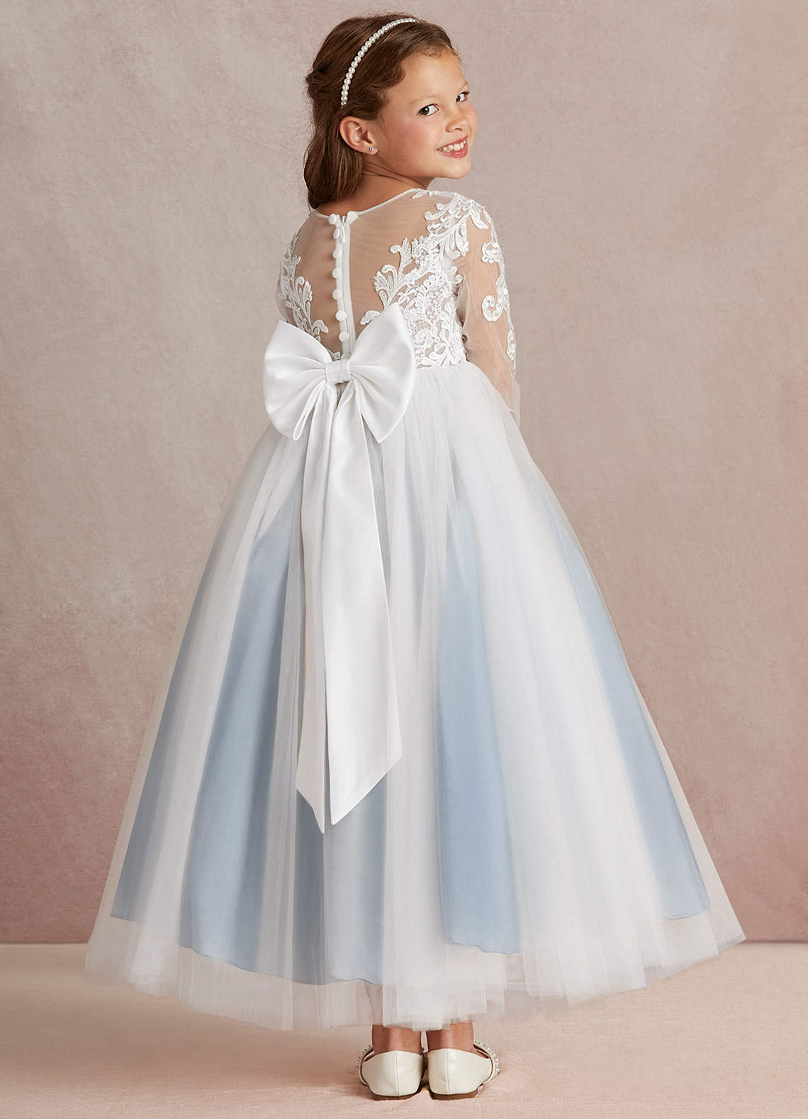 Azazie Elodie Robe Demoiselle D'honneur Fillette Robe Princesse en Dentelle Ivoire Bleu Poudré image3