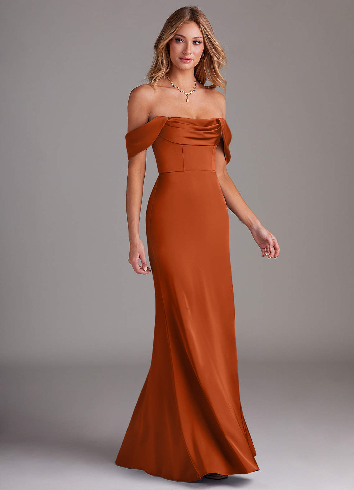 Azazie Saige Bridesmaid Dresses Burnt Orange Sheath Off the Shoulder Stretch Satin Dress image5