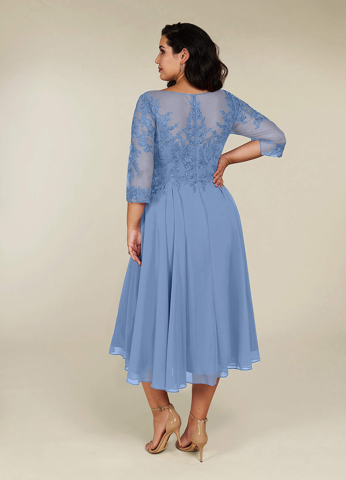 A-Line Lace Applique Chiffon Tea-Length Dress Chocolate