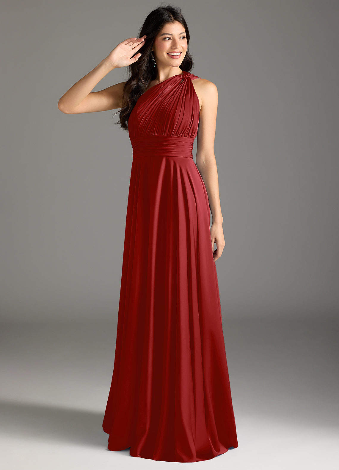 Azazie Charlize Bridesmaid Dresses Pomegranate A-Line One Shoulder Stretch Satin Dress image1
