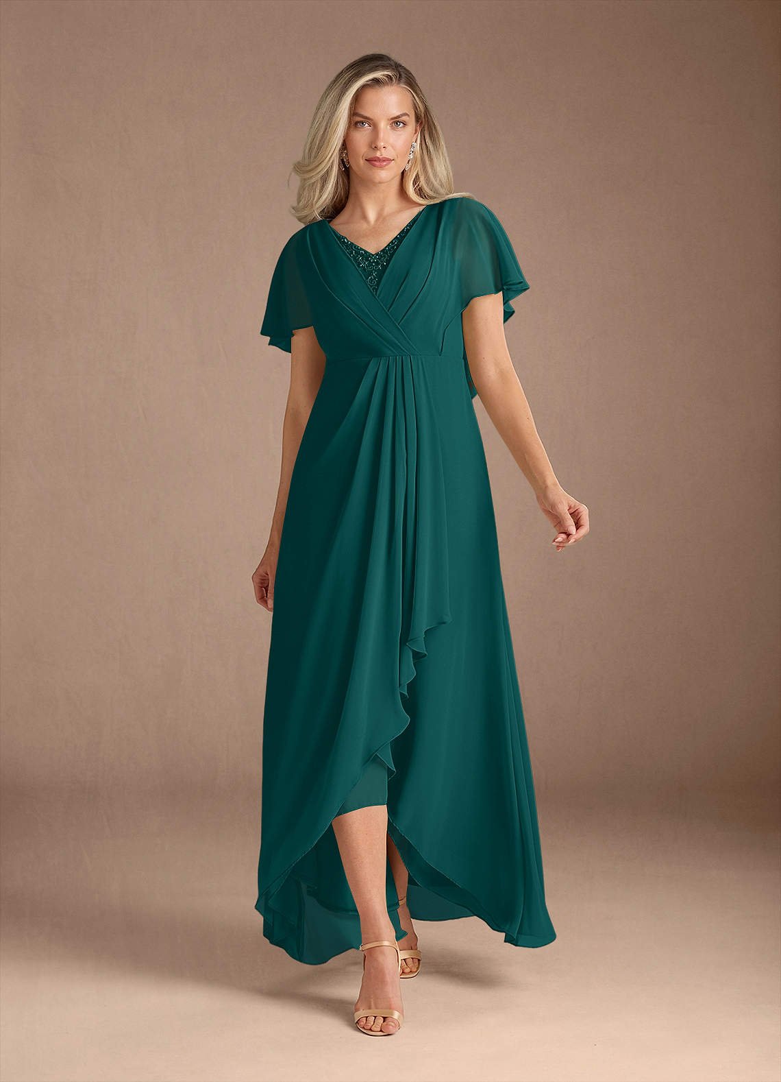 Azazie Eliza Mère de la mariée Robes Robe Trapèze en Mousseline de soie Col V plissé Paon image1