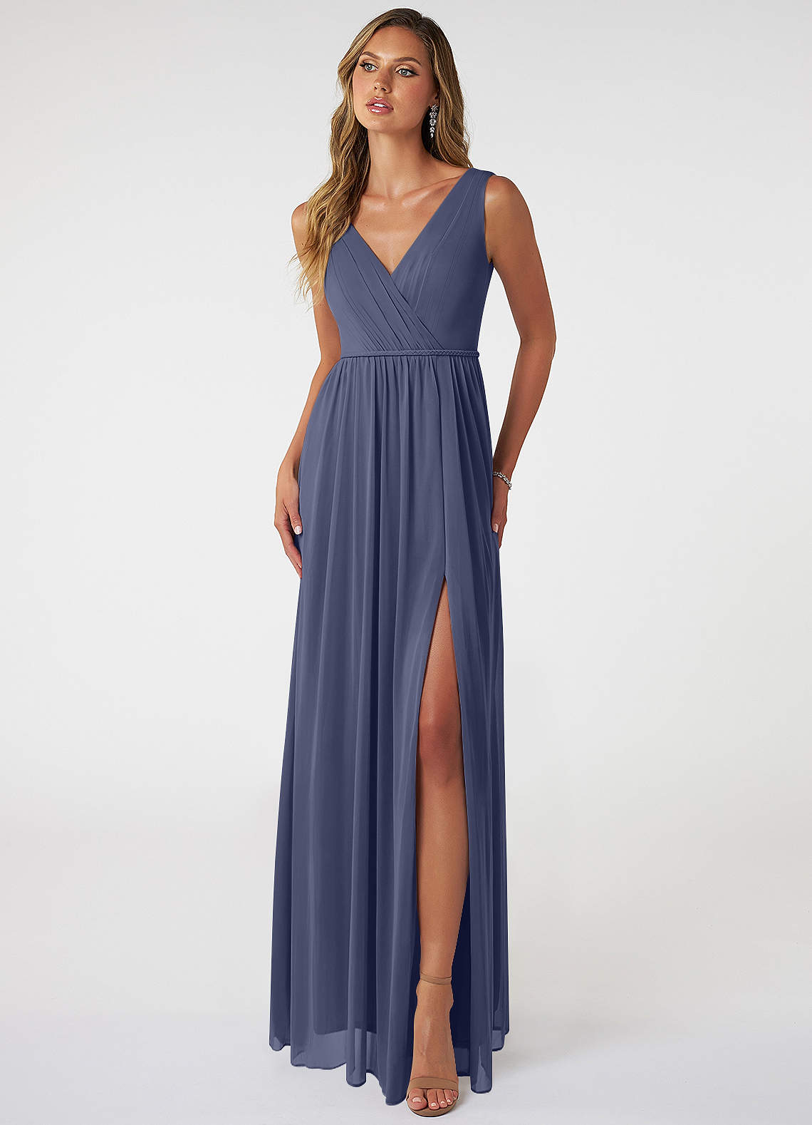 Azazie Tanicia Brautjungfernkleider A-Linie V-Hals Gefaltet Gittergewebe Kleid Sturm image1