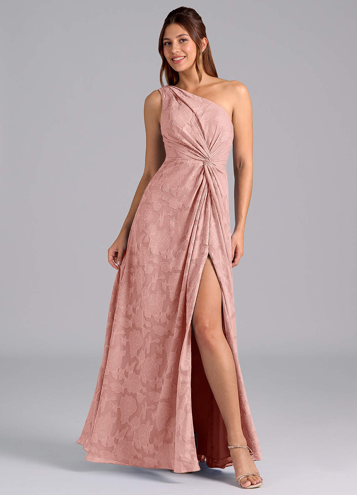 Azazie Brooke Bridesmaid Dresses Rosette A-Line One Shoulder Floral Burnout Dress image1