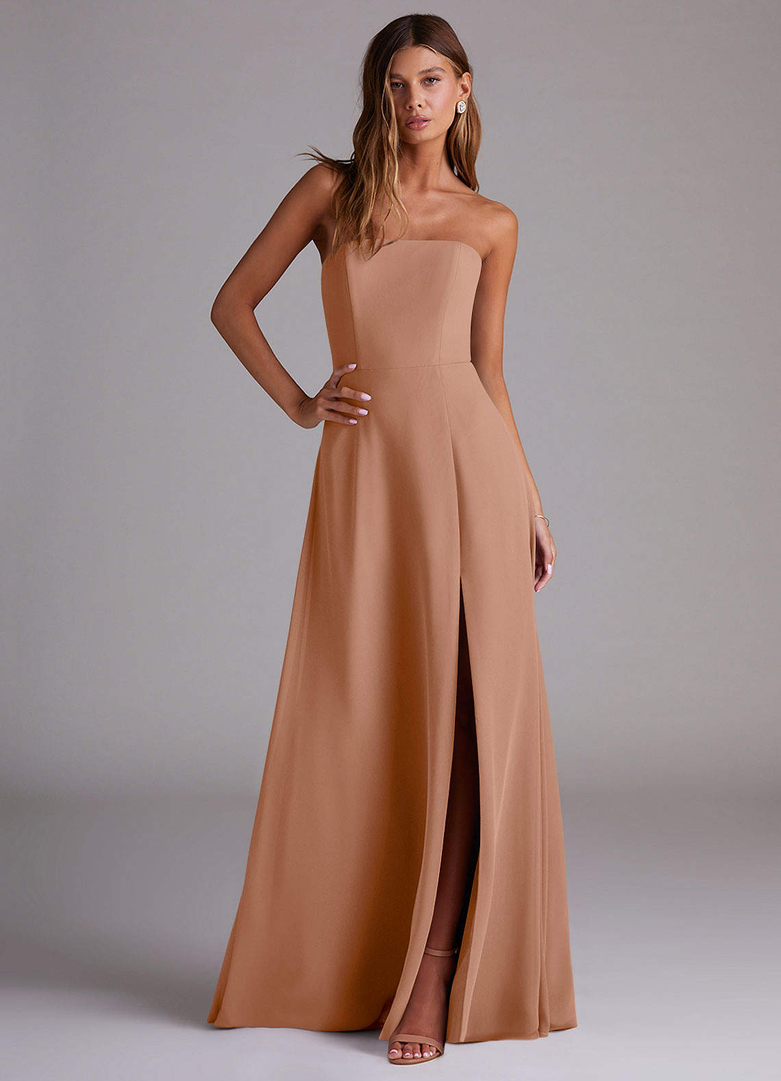 Azazie Wren Bridesmaid Dresses Champagne Rose A-Line Side Slit Chiffon Convertible Dress image2