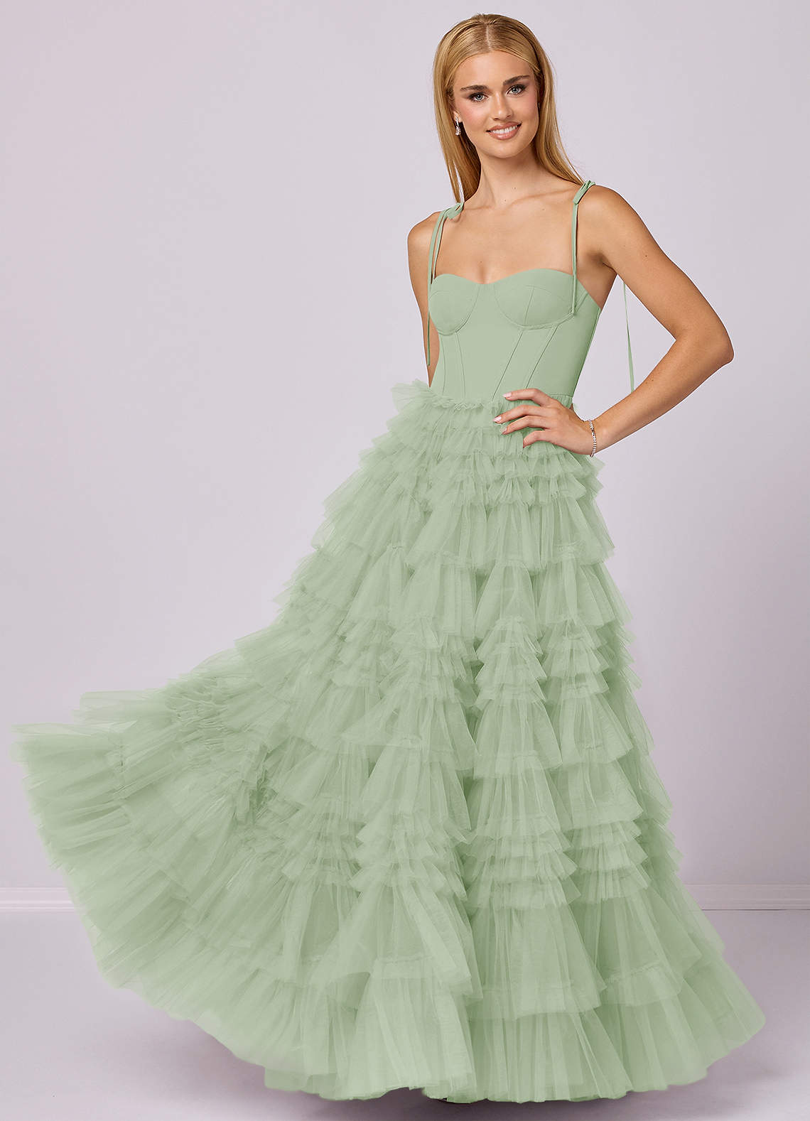 Barbie ♥ Azazie Abiti da Damigella Abito A-Line in Tulle Scollo a Cuore Verde Salvia image1