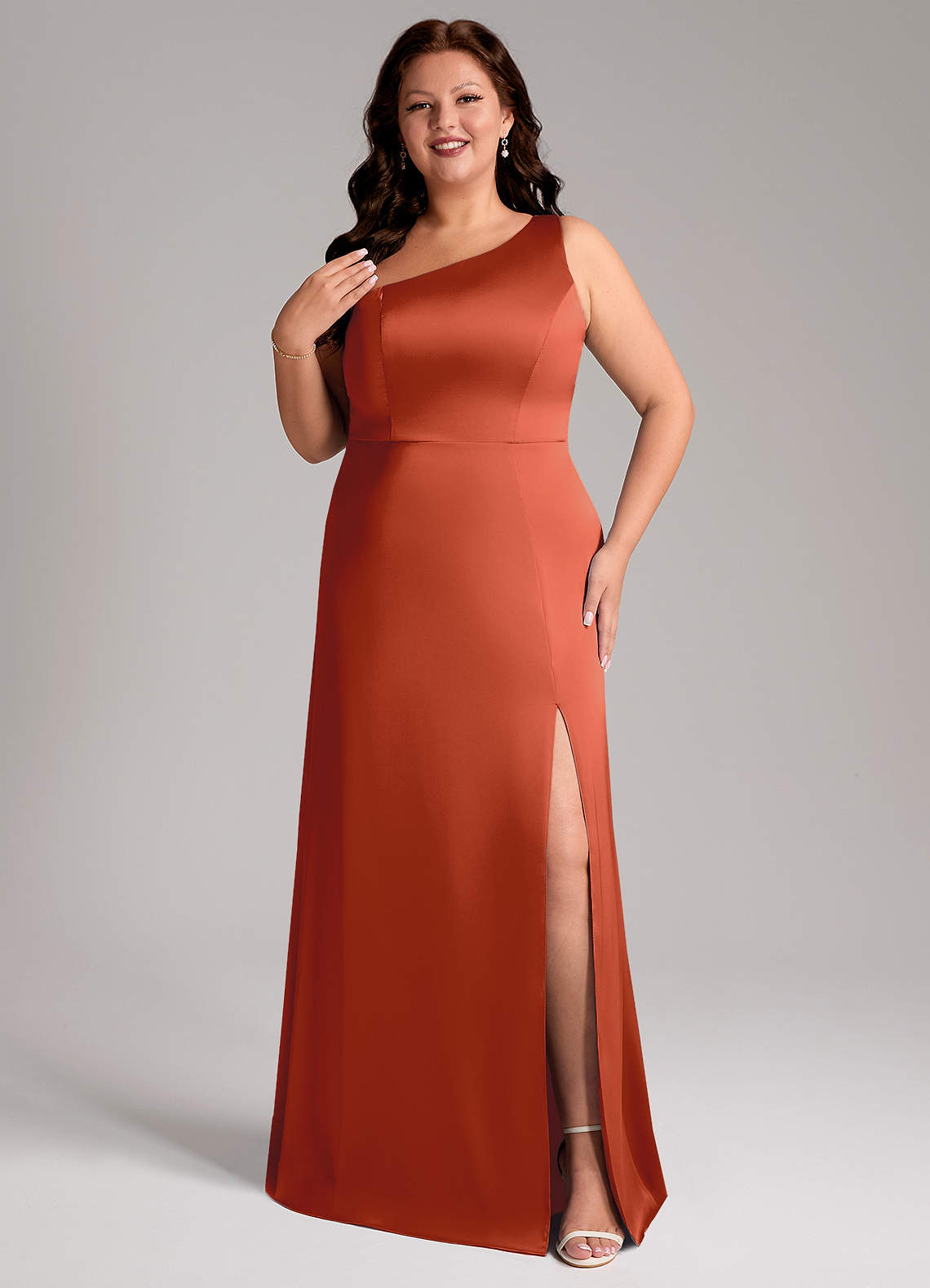 Azazie Phaedra Bridesmaid Dresses Rust A-Line One Shoulder Stretch Satin Dress image1
