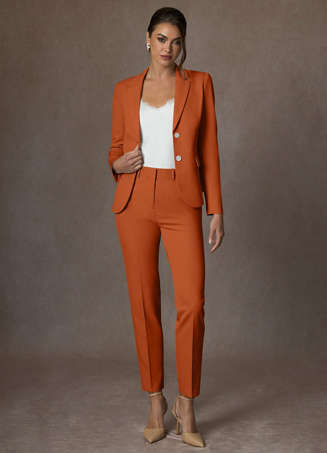 front Whitney Burnt Orange Structured Stretch Full Length Pants Suit