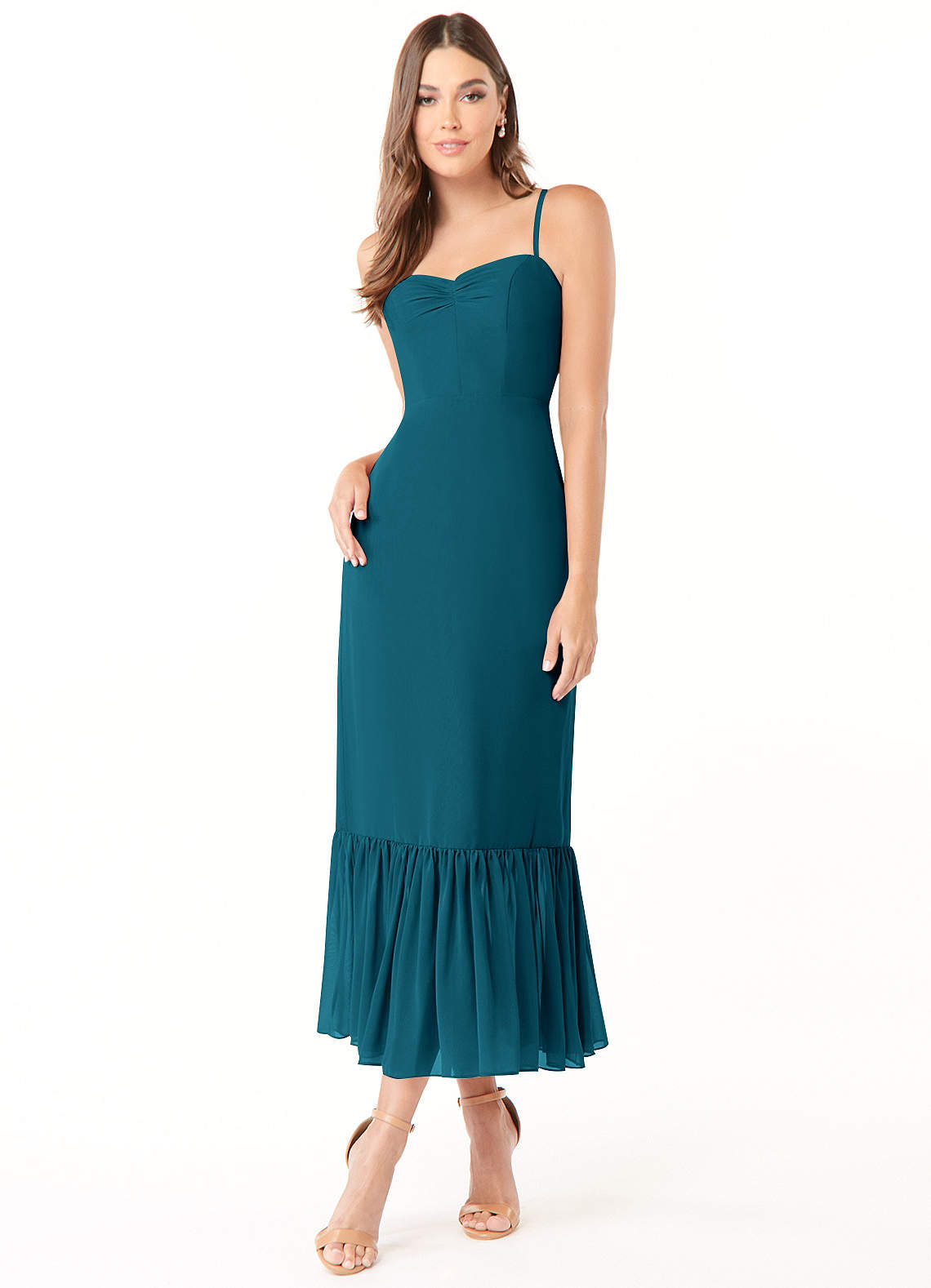 Azazie Justina Brautjungfernkleider A-Linie Herzausschnitt Chiffon Kleid Tintenblau image1