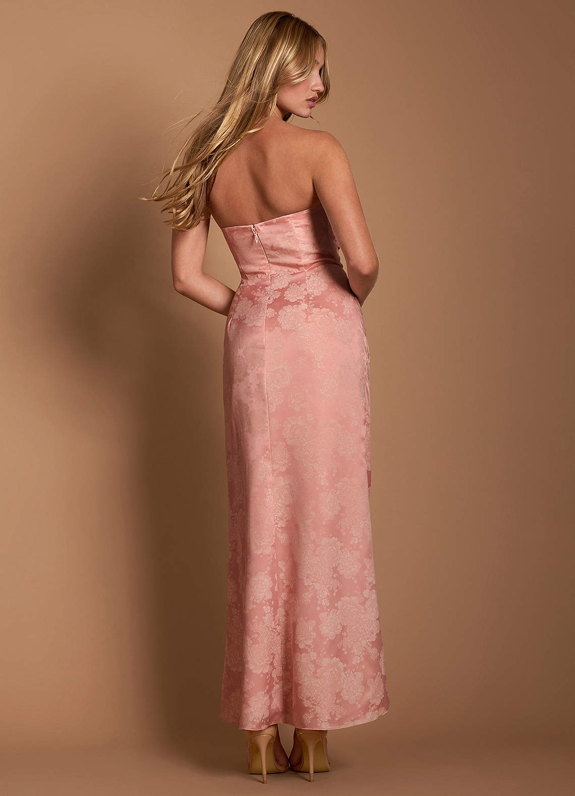 Azazie Maxi Dresses Column Wedding Guest Dresses Strapless Ruffles Tea Rose