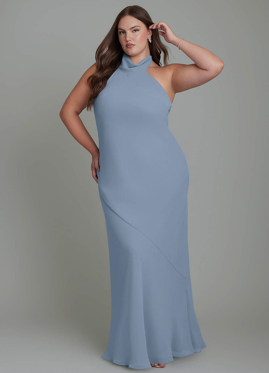 Azazie Velli Bridesmaid Dresses Dusty Blue Mermaid High Neck Chiffon Dress image9