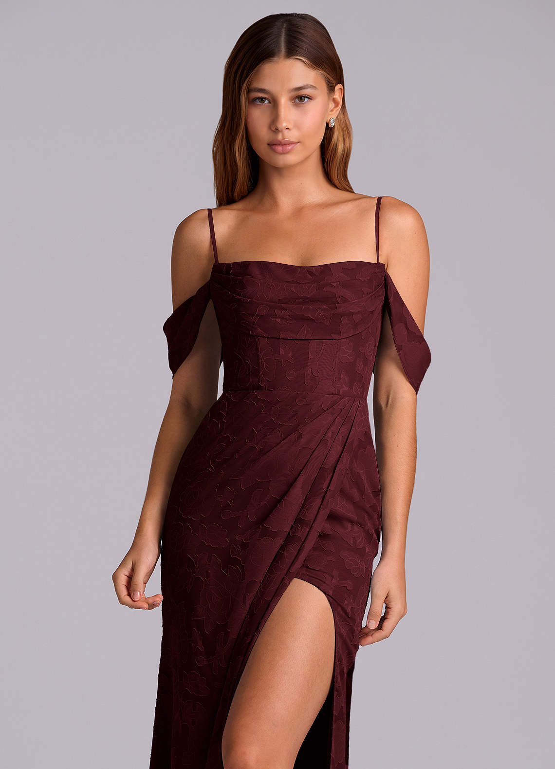 Azazie Johana Bridesmaid Dresses Cabernet Mermaid Off the Shoulder Floral Burnout Convertible Dress image1
