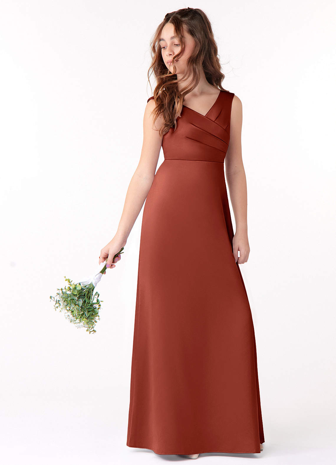 Azazie Sadia Junior Terracotta A-Line Pleated Stretch Satin Dress image1