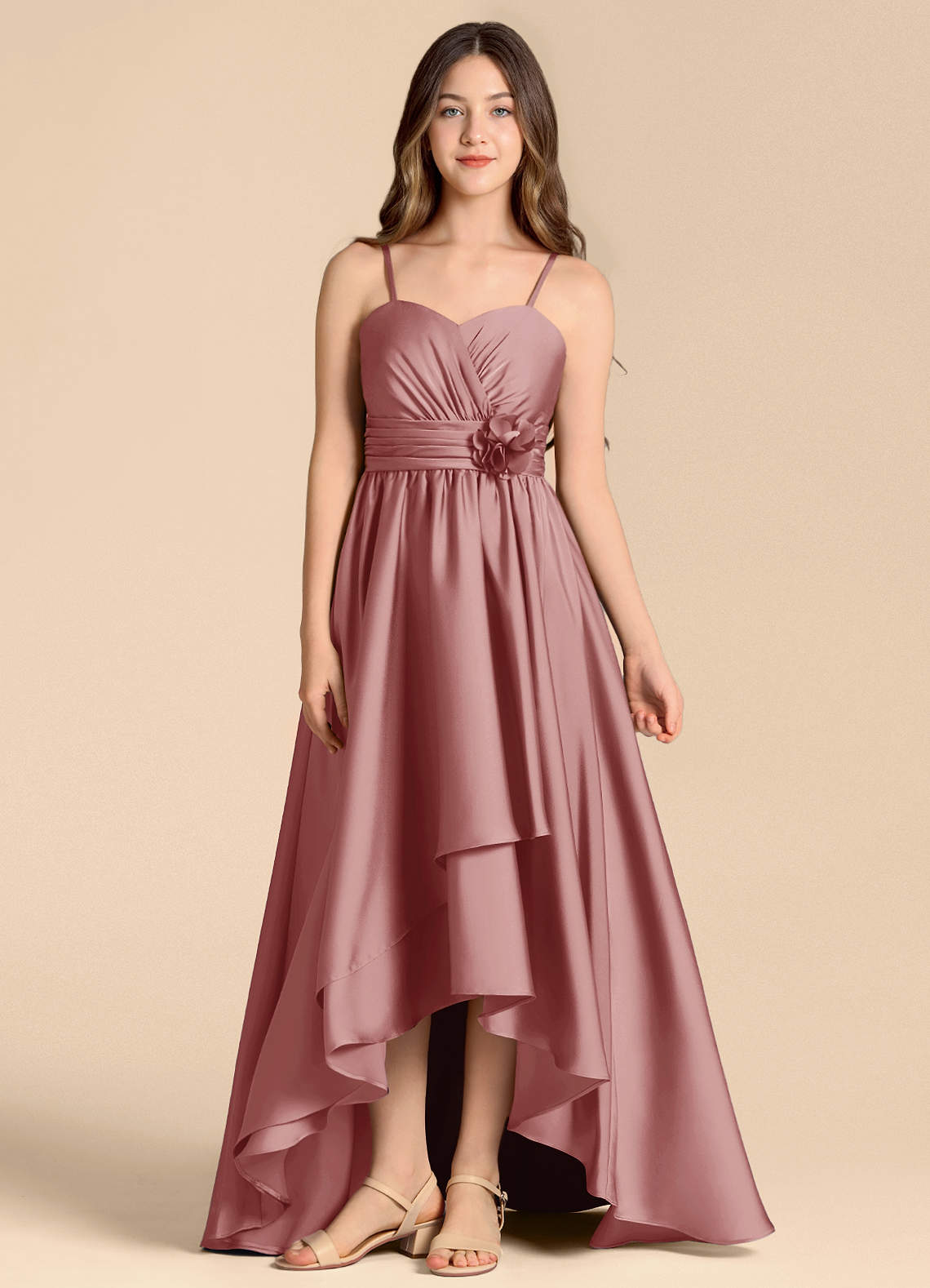 Azazie Catalina Junior Abito A-Line in Raso Elasticizzato Scollo a Cuore Rosa Polverosa image1