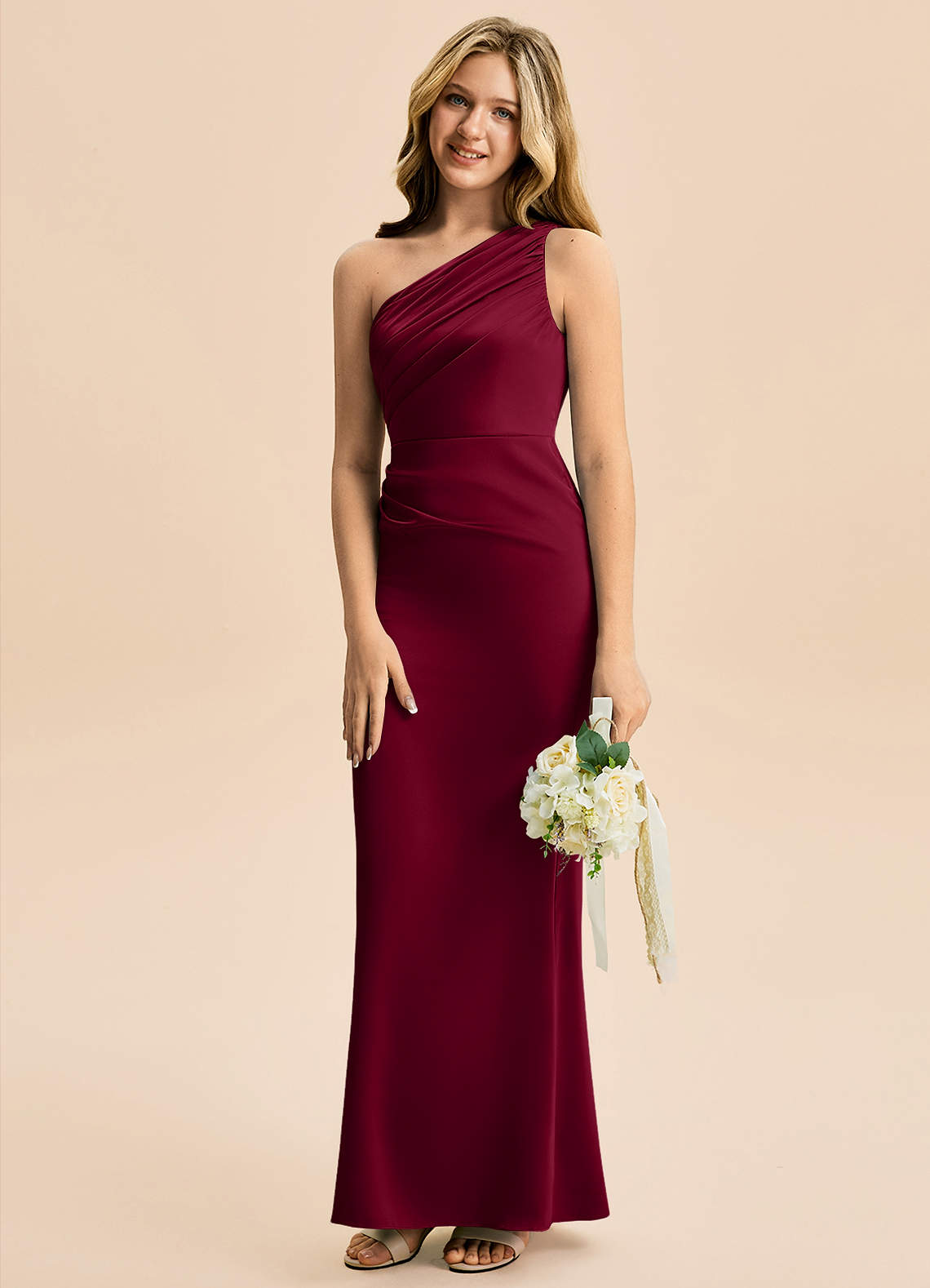 Azazie Akilah Junior Burgundy Sheath Pleated Stretch Satin Dress image4