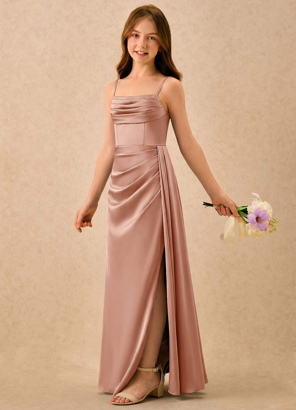 rose gold flower girl dresses Azazie Sheath Straight Floor-Length Stretch Satin Formal colour:red