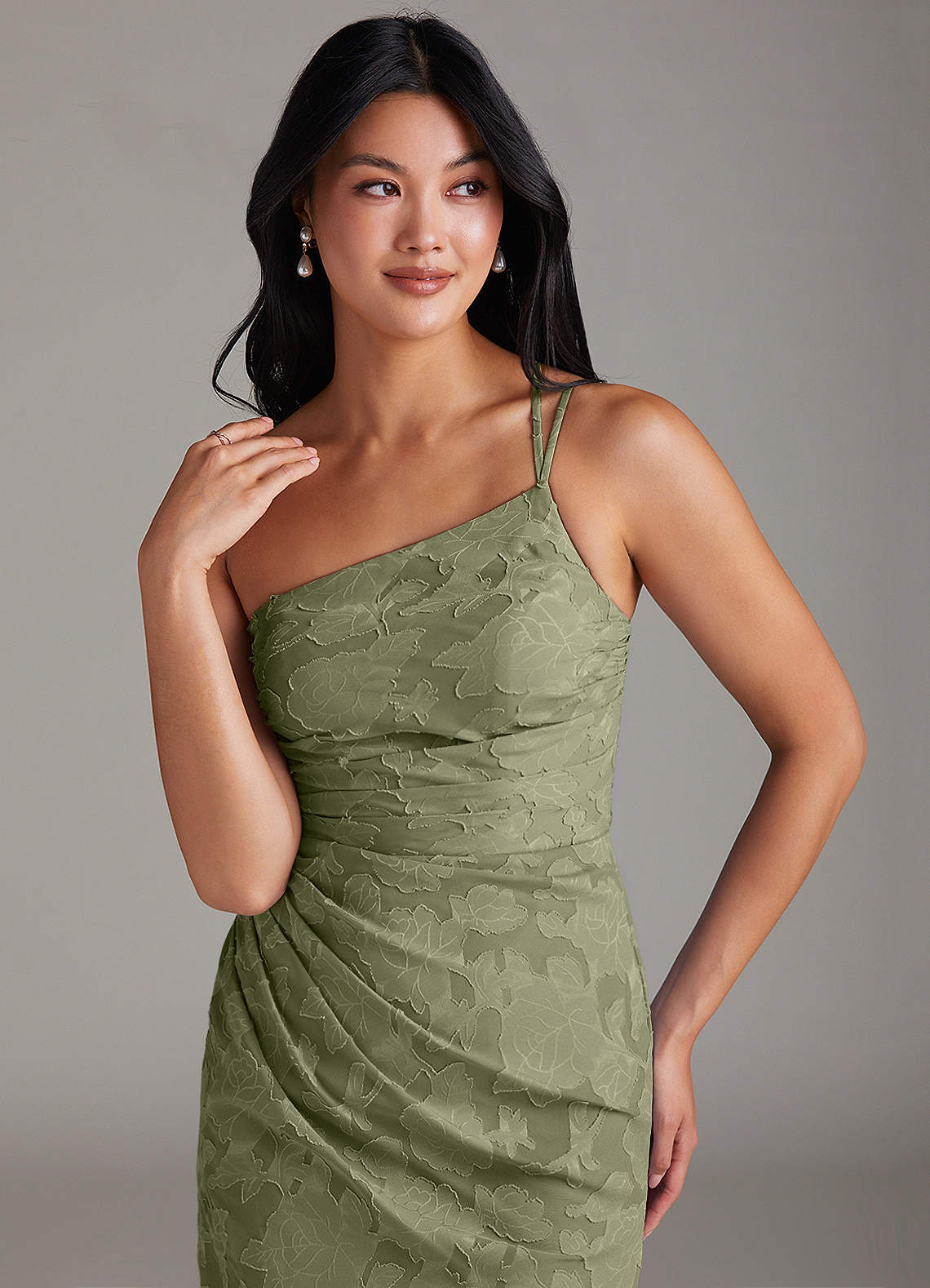 Azazie Eren Jurken voor bruidsmeisjes Jurk van Bloemen Burn-out met Kolom One-Shoulder Pistache image4