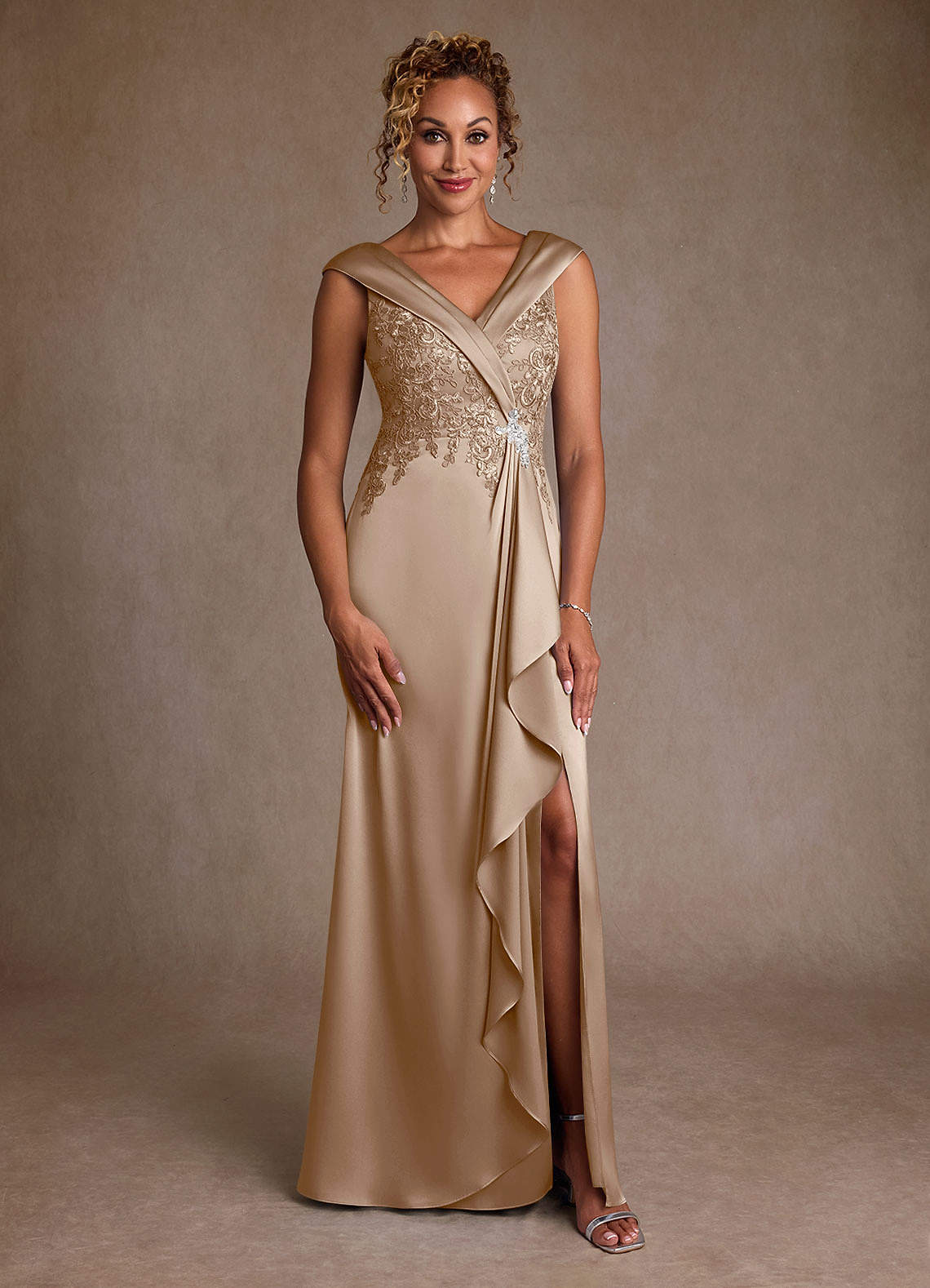 Azazie Santa Monica Mother of the Bride Dresses Taupe A-Line Lace Dress image2
