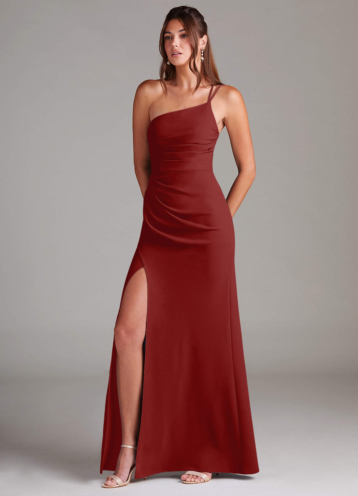 Azazie Eren Jurken voor bruidsmeisjes Jurk van Stretch crêpe met Kolom One-Shoulder Terracotta image1