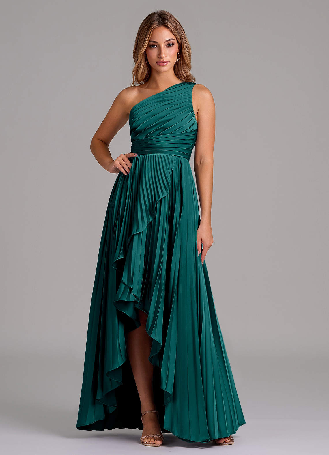 Azazie Lyrica Bridesmaid Dresses Peacock A-Line One Shoulder Stretch Satin Dress image1