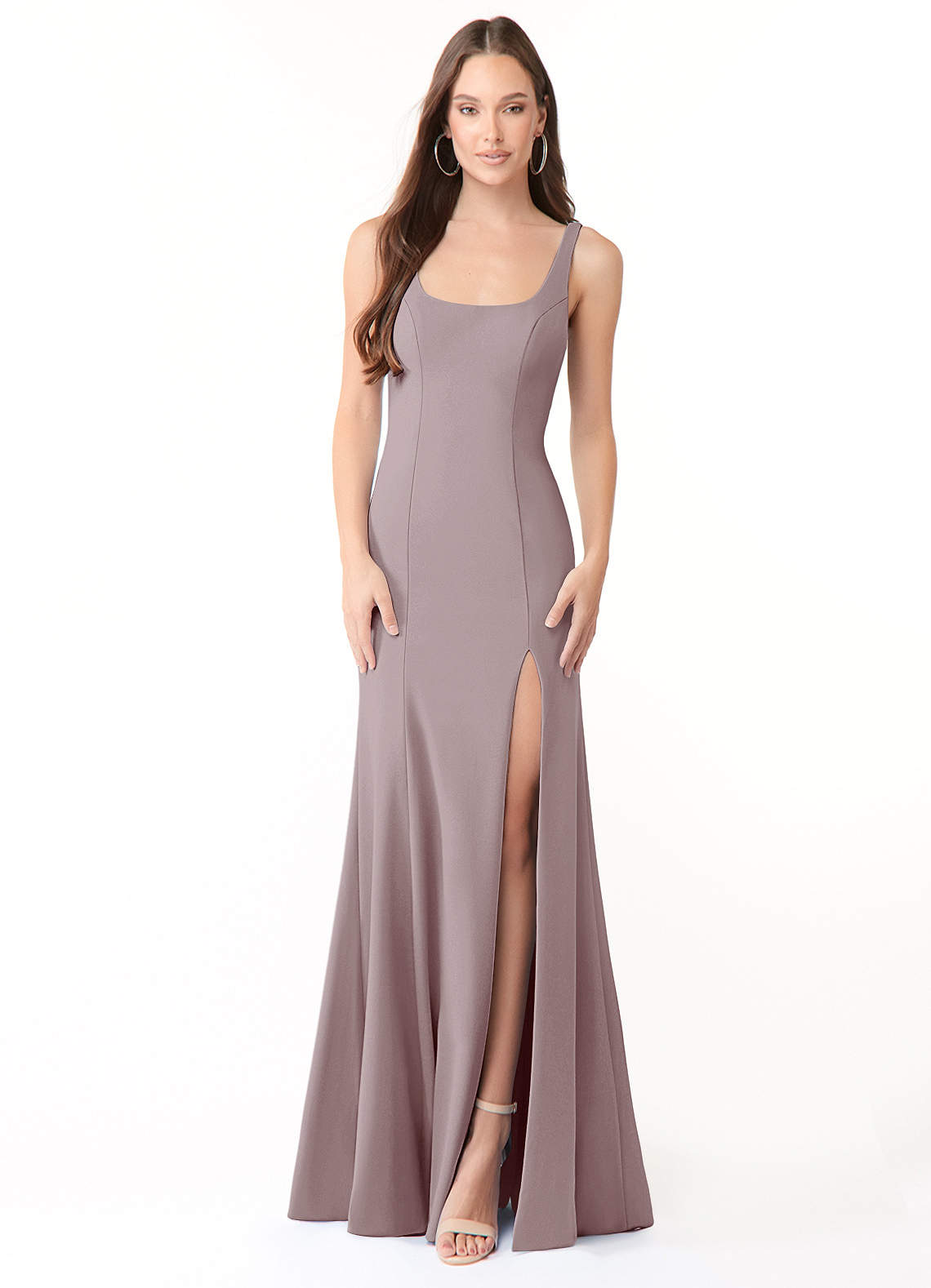 Azazie Arwen Bridesmaid Dresses Vintage Mauve Sheath Side Slit Stretch Crepe Dress image1