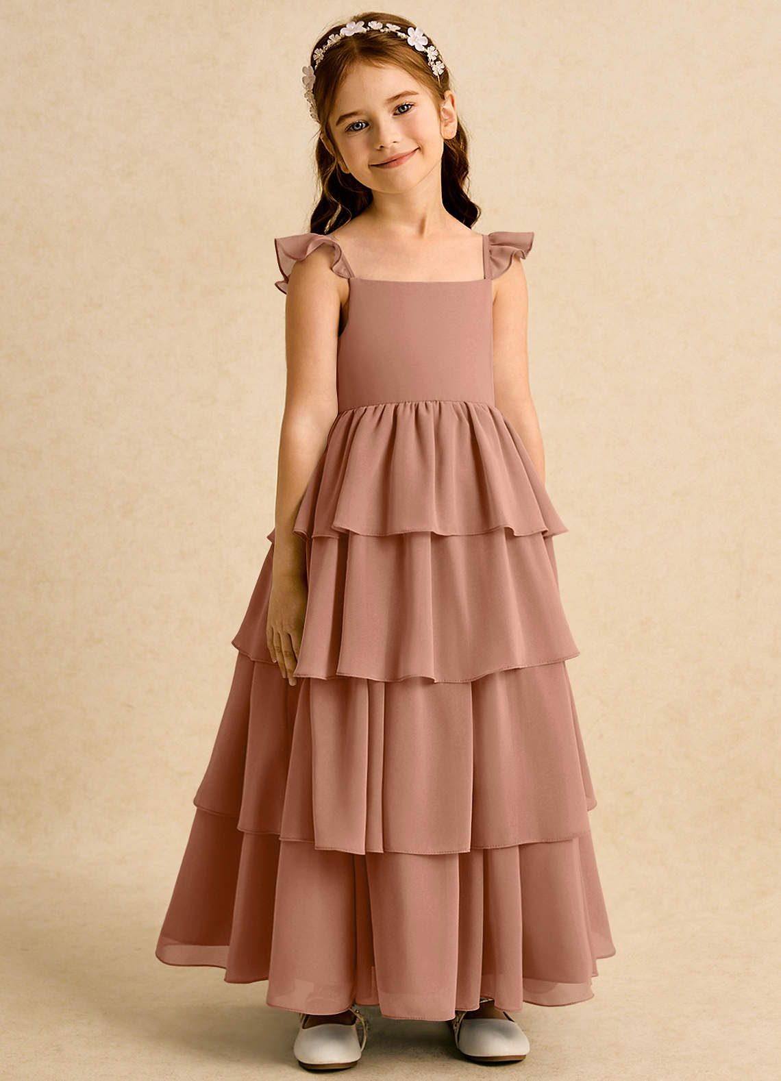 Azazie Boba vestidos de niña de las flores Vestido de Bronceador de Gasa de Corte En A con Escote Cuadrado image1