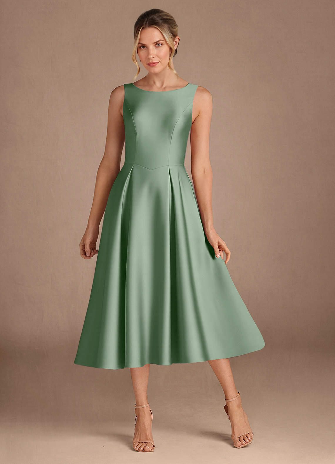 Azazie Fulton Mother of the Bride Dresses Matcha A-Line Pleated Stretch Satin Dress image1