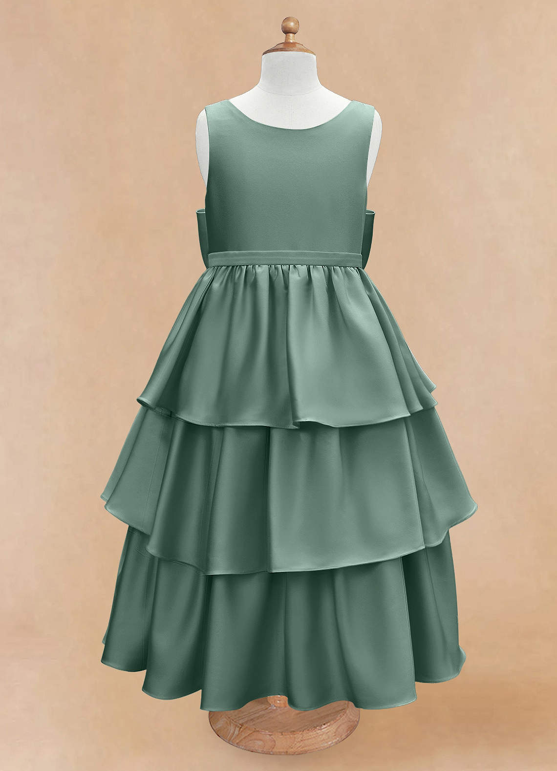 Azazie Margie Flower Girl Dresses Eucalyptus A-Line Bow Stretch Satin Dress image3