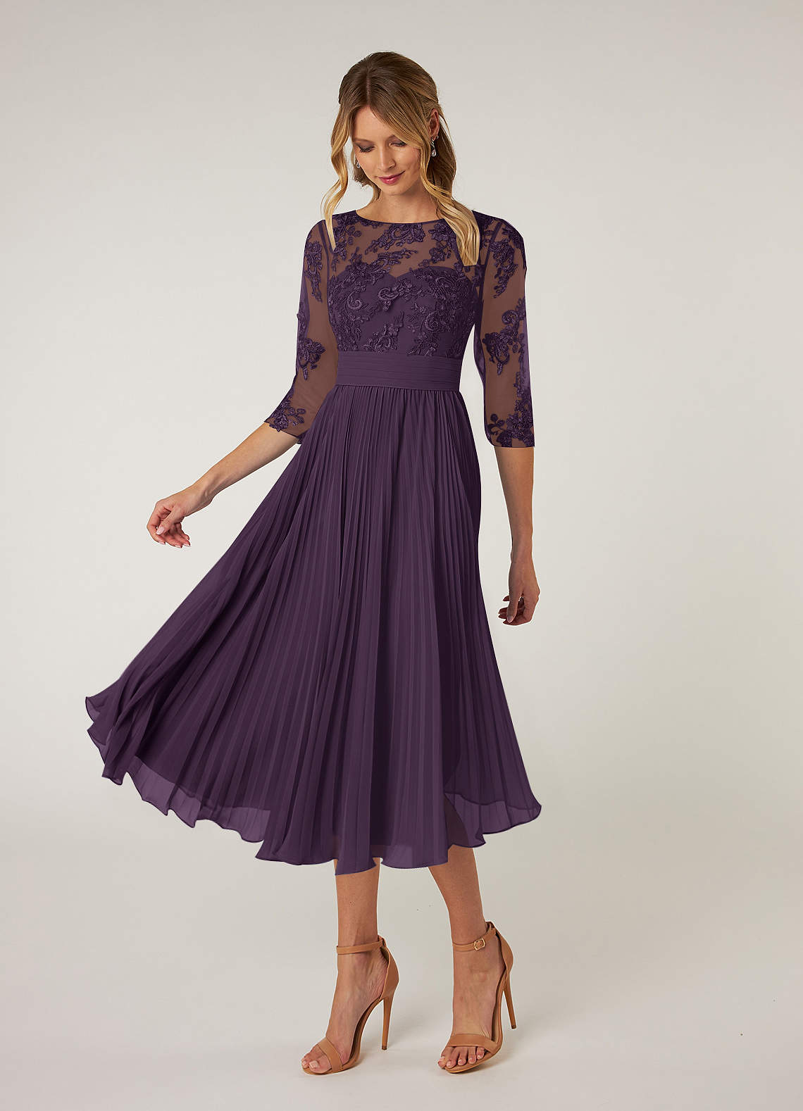 Azazie Tutu Mother of the Bride Dresses Plum A-Line Boatneck Lace Chiffon Dress image2