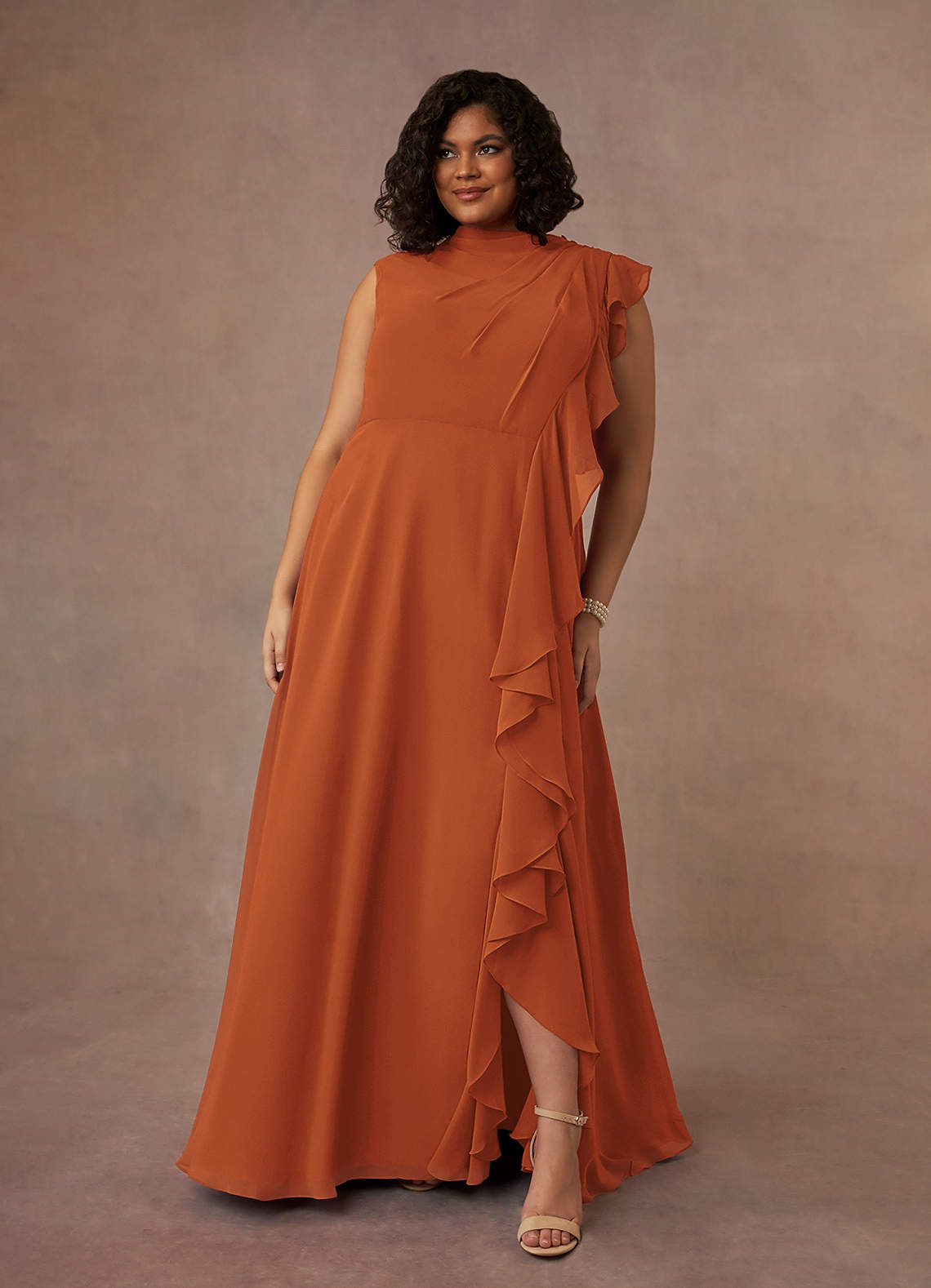 Azazie Narine Mother of the Bride Dresses Cinnamon A-Line High Neckline Pleated Chiffon Dress image1