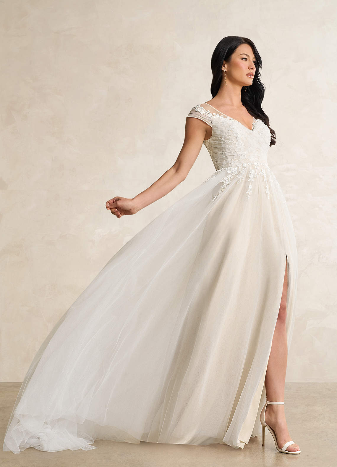 Azazie Bellisima Diamond White Champagne A-Line V-Neck Tulle Dress
