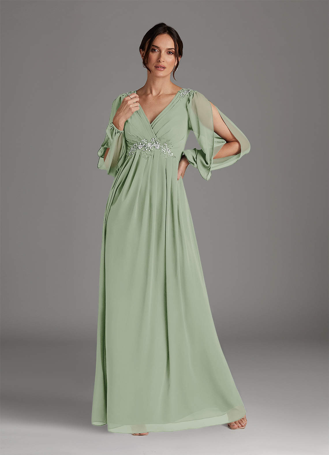 Azazie Gypsy Mother of the Bride Dresses Dusty Sage A-Line V-Neck Sequins Chiffon Dress image1