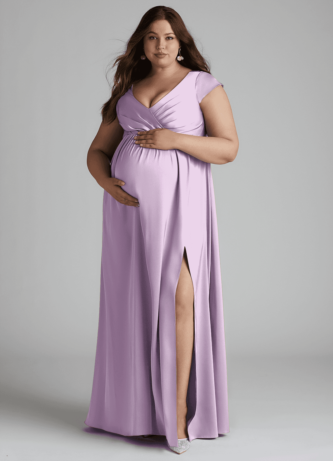 Azazie Allessia At-home Try On Dresses A-Line Pleated Stretch Satin Floor-Length Dress image10