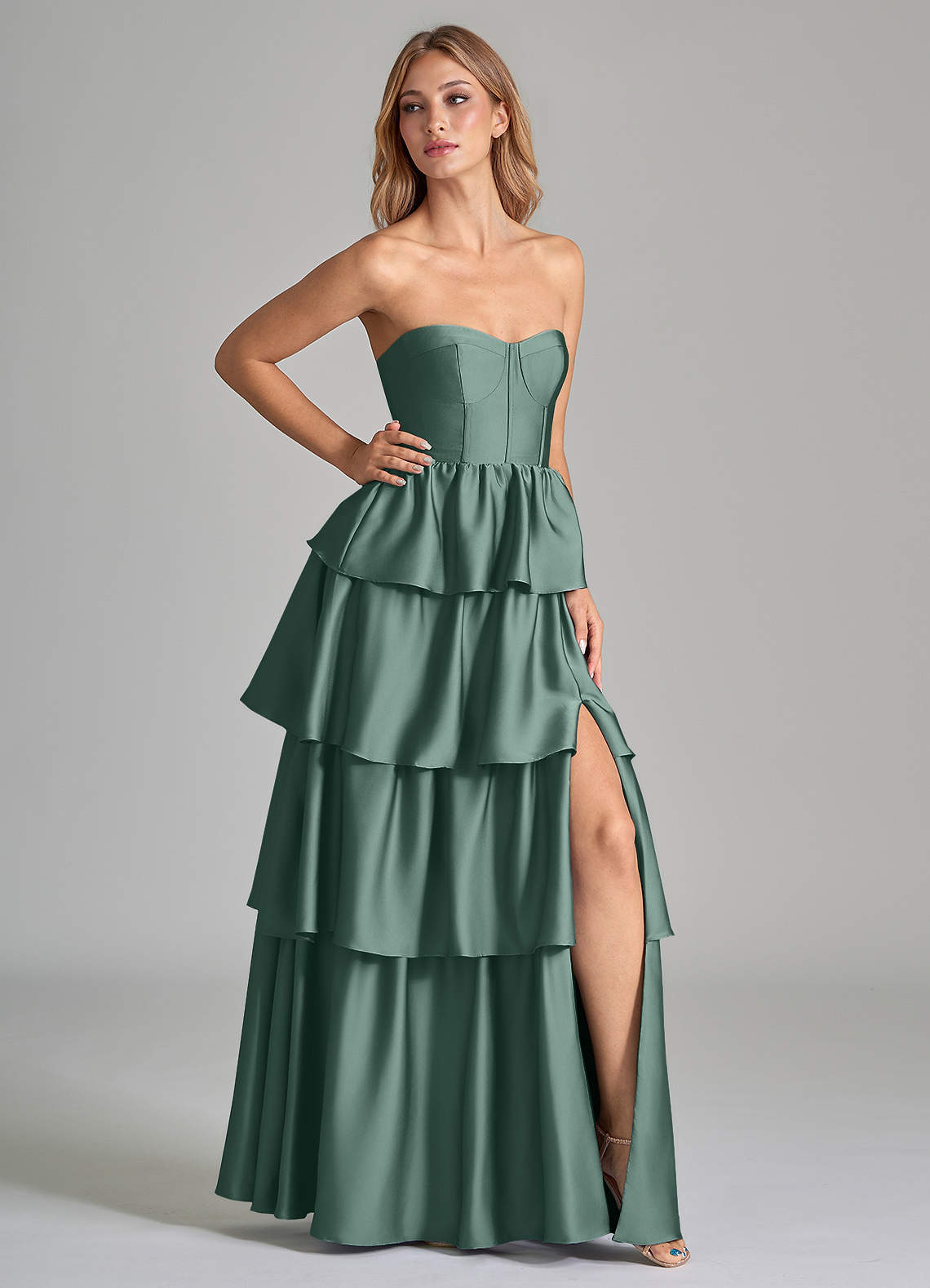 Azazie Faye Bridesmaid Dresses Eucalyptus A-Line Ruched Stretch Satin Dress image1