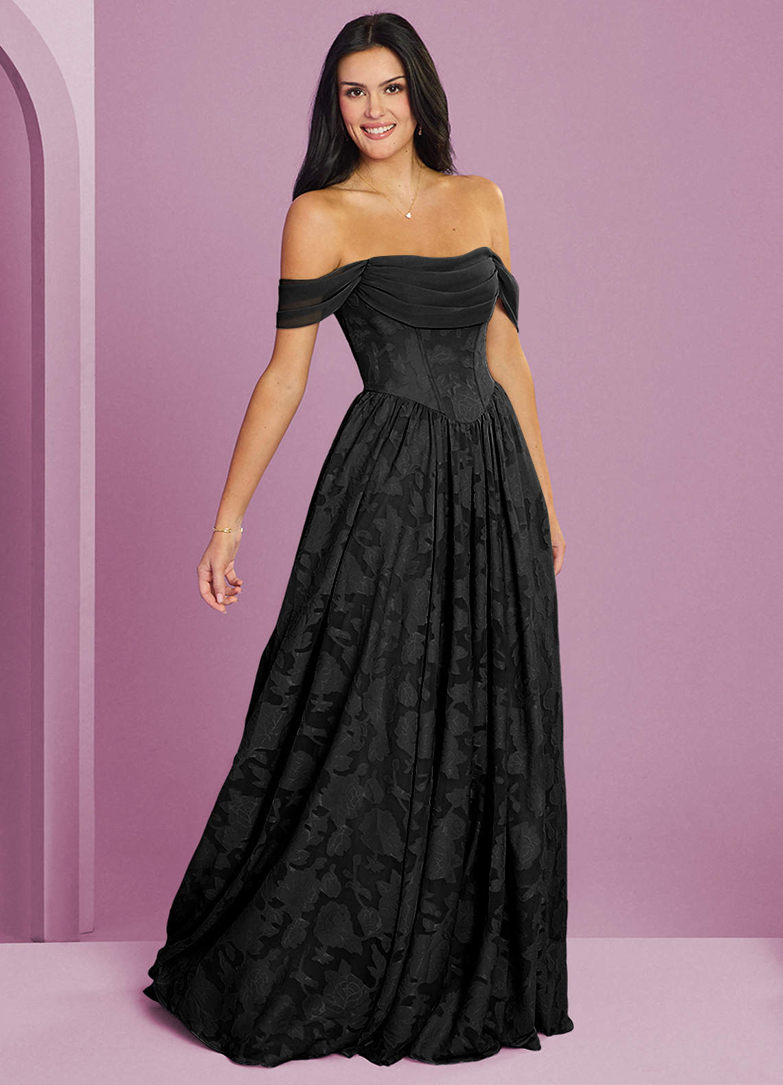 Barbie ♥ Azazie Bridesmaid Dresses Black A-Line Off the Shoulder Floral Burnout Convertible Dress image4