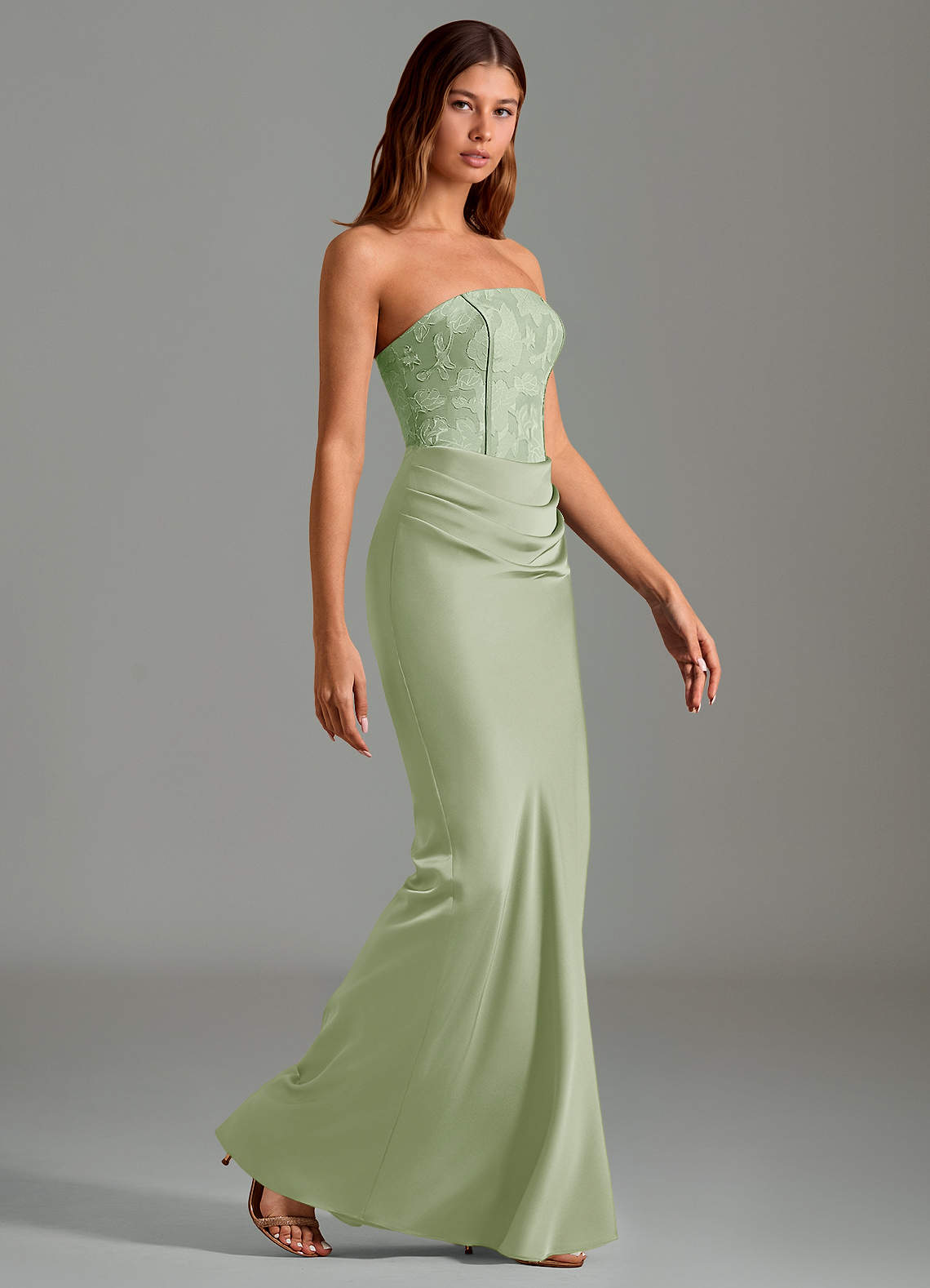 Azazie Emilia Abiti da Damigella Abito Sirena in Raso Elasticizzato Senza Cinturino Verde Salvia image2