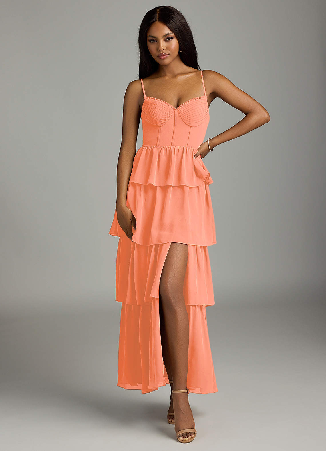 Azazie Kaiden Robes de demoiselle d'honneur Robe Trapèze en Mousseline de soie Encolure en Forme de Cœur Coucher De Soleil image1