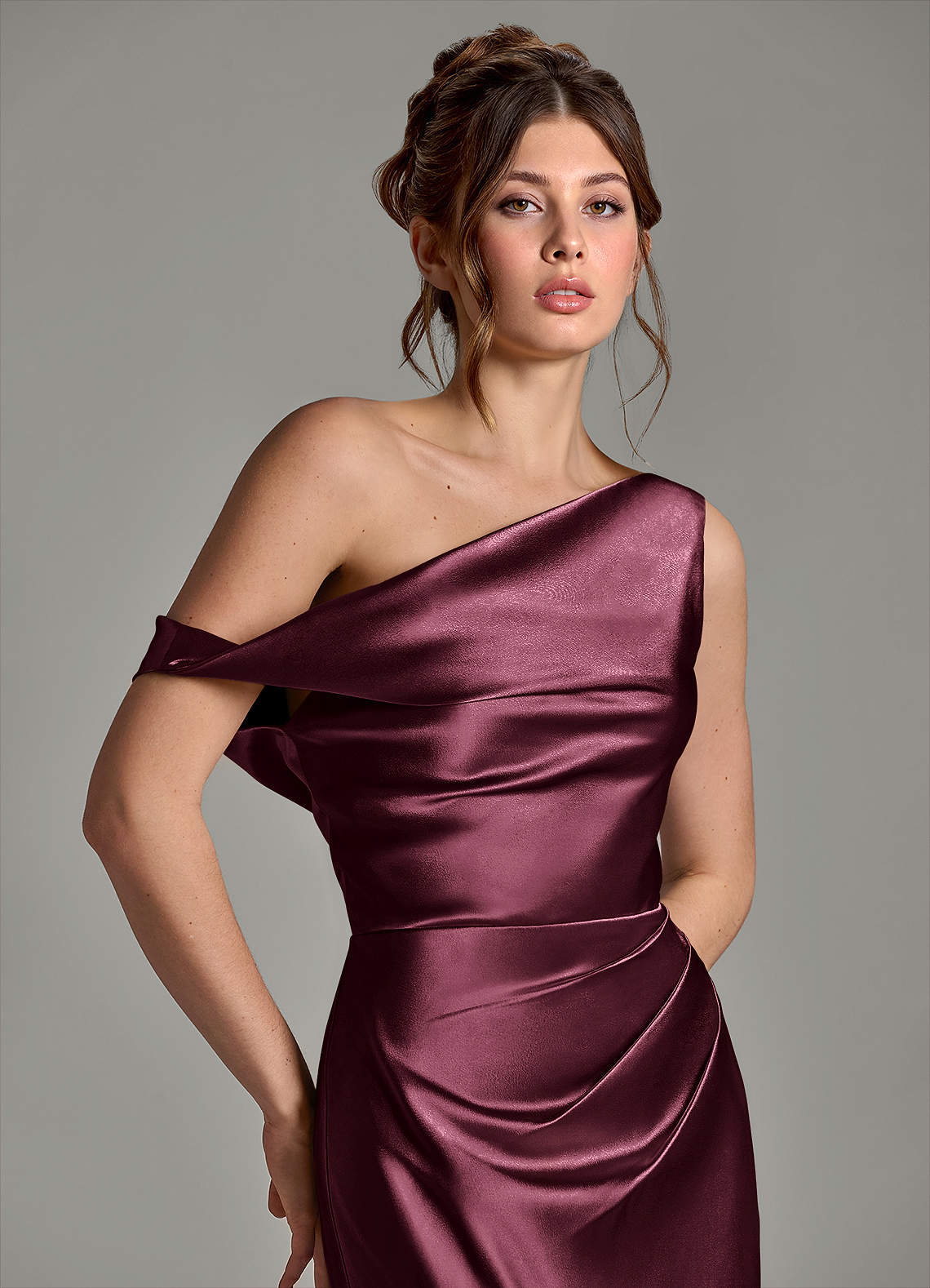 Azazie Emerson Bridesmaid Dresses Cabernet Mermaid Off the Shoulder Metallic Satin Dress image6