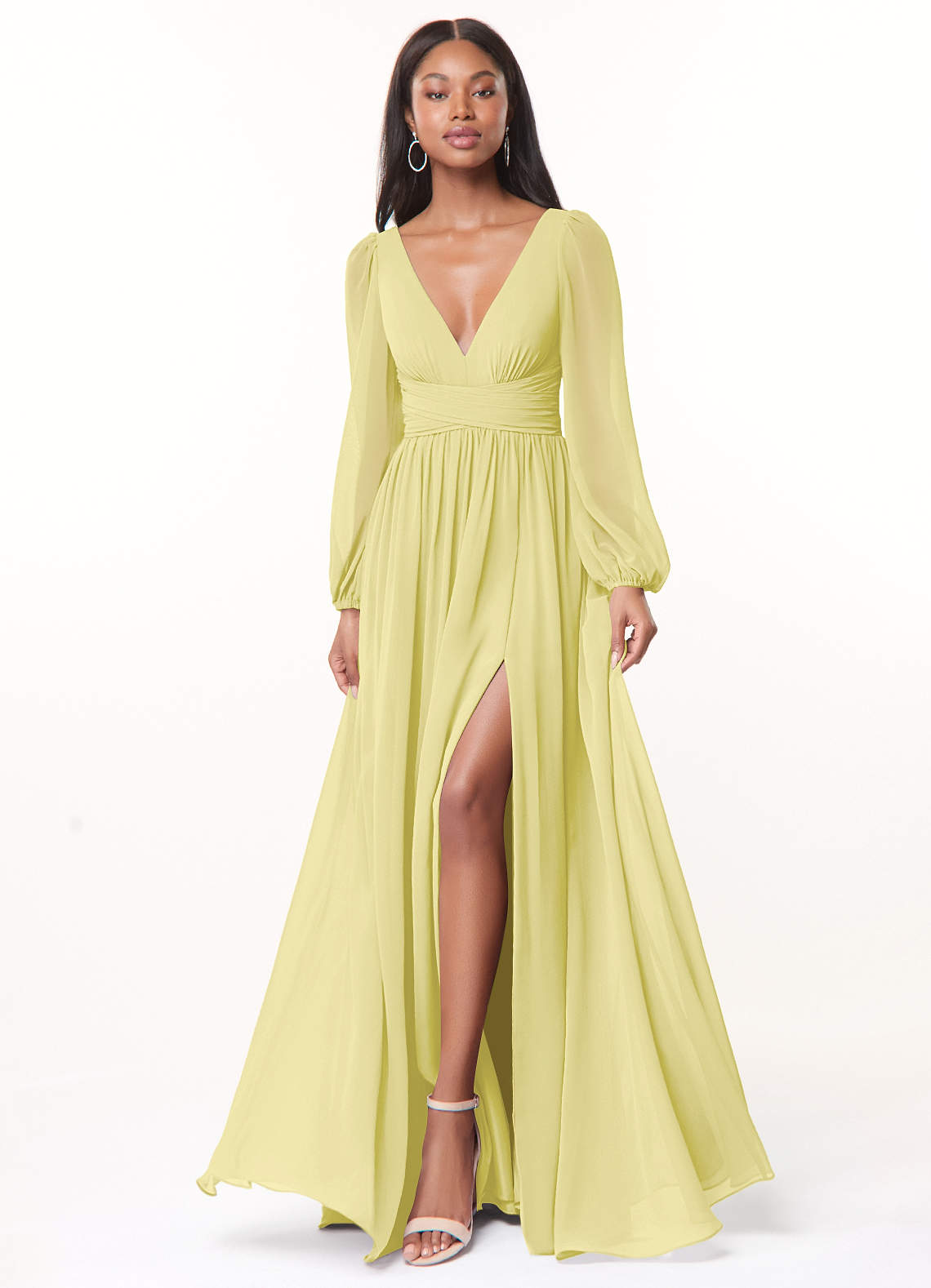 Azazie Norah Bridesmaid Dresses Lemon Sorbet A-Line V-Neck Long Sleeve Chiffon Dress image1
