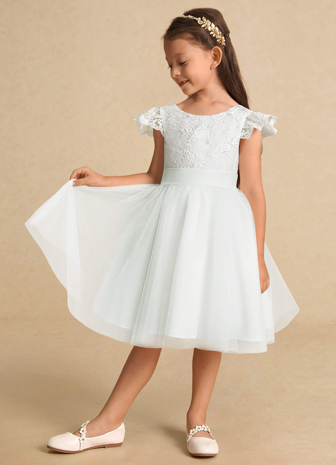 Azazie Vetty Flower Girl Dresses Ivory A-Line Lace Tulle Dress image3