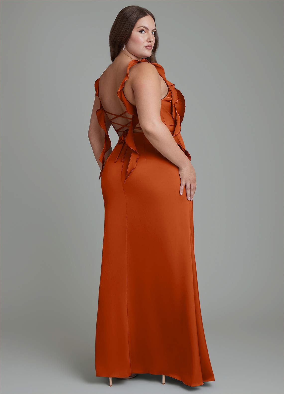 Azazie Jessamine Bridesmaid Dresses Burnt Orange Sheath Corset Stretch Satin Dress image8