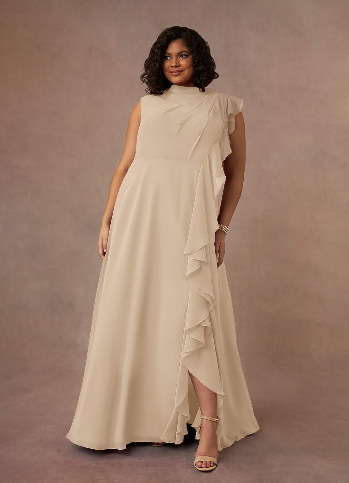 Azazie Narine Mother of the Bride Dresses Champagne A-Line High Neckline Pleated Chiffon Dress image10