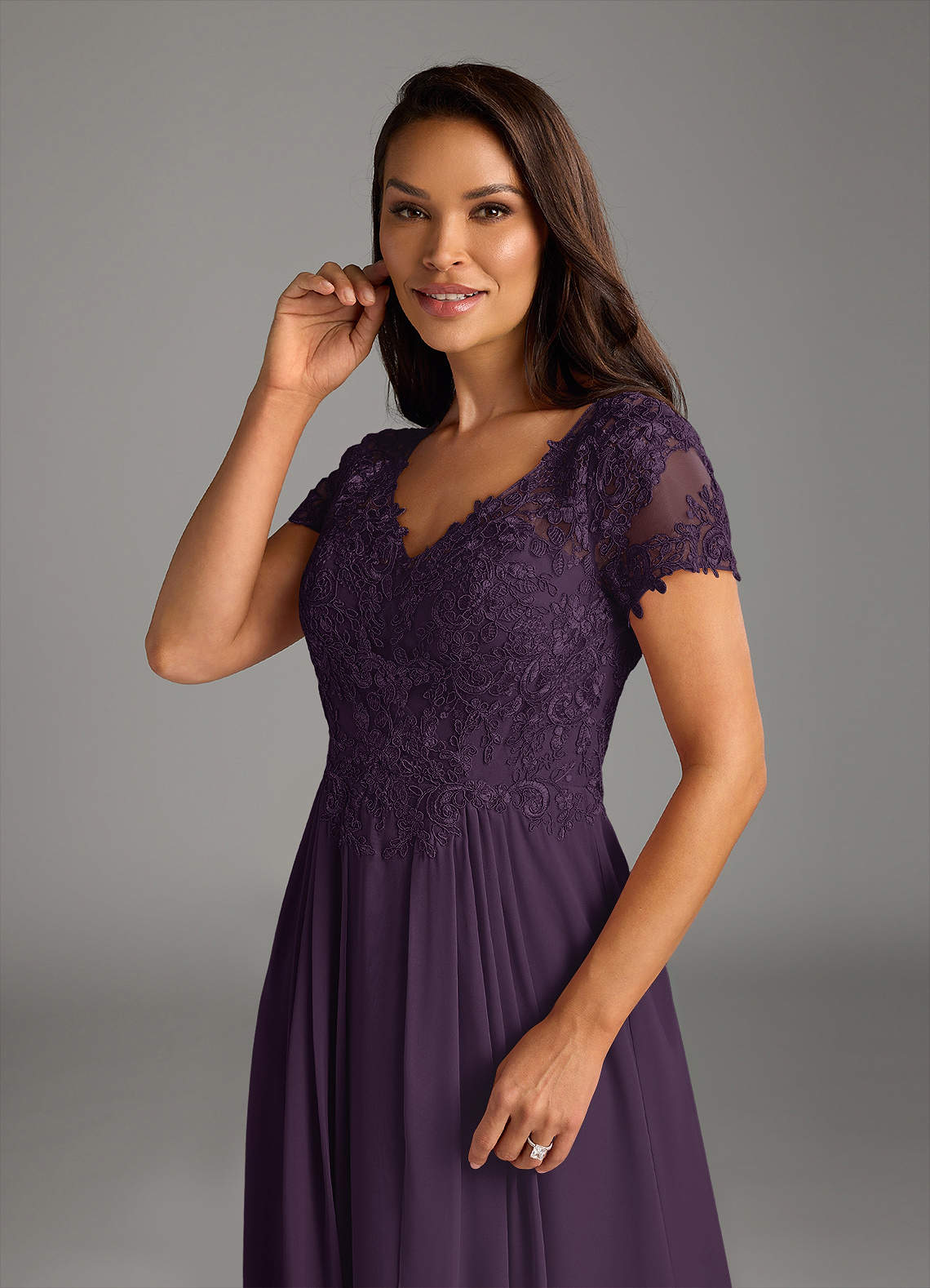 Azazie Dunja Mother of the Bride Dresses Plum A-Line V-Neck Lace Chiffon Dress image10