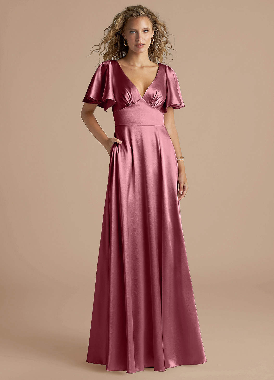 Azazie Kimber Bridesmaid Dresses Desert Rose A-Line Ruched Metallic Satin Dress image1