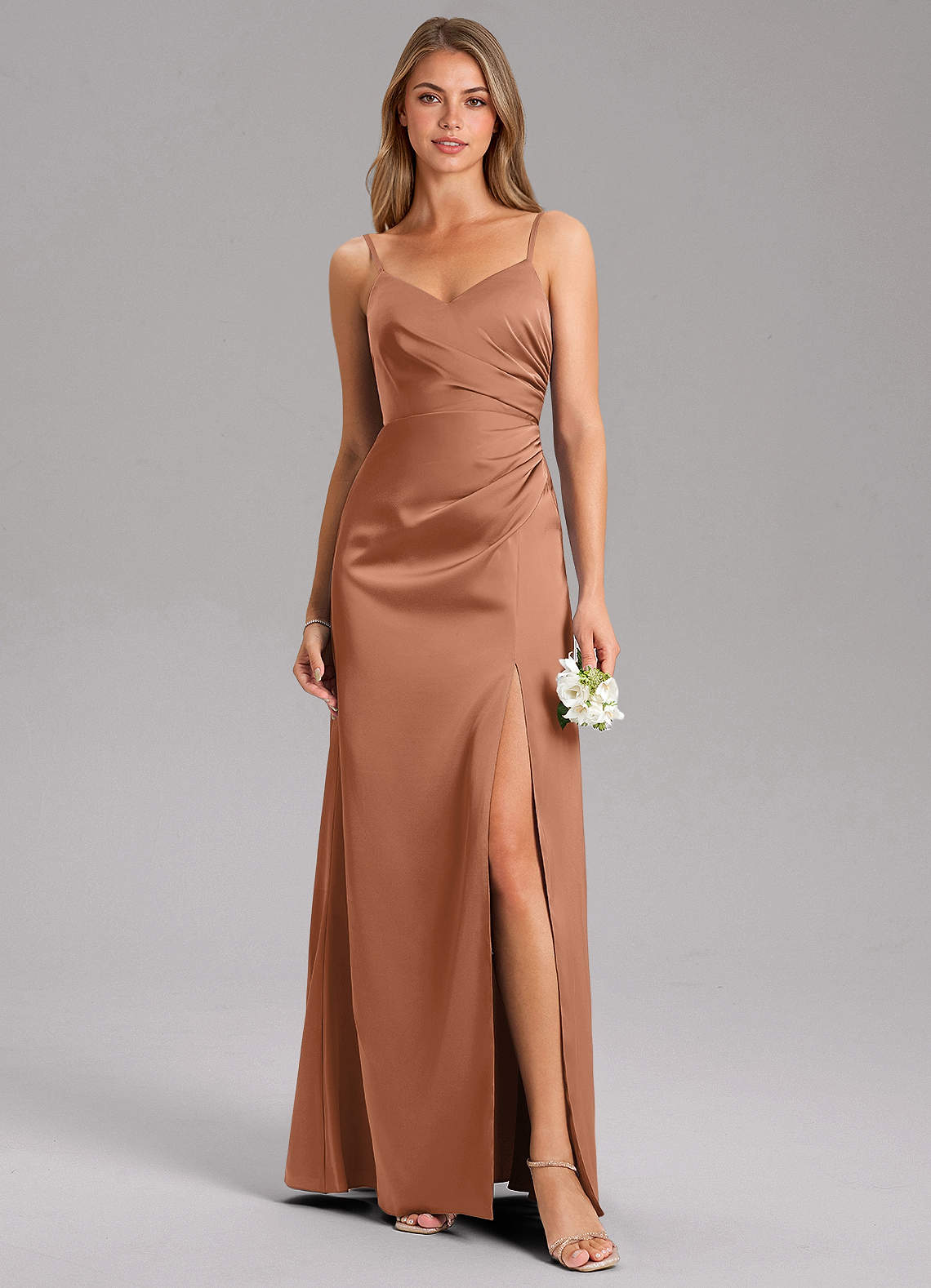 Azazie Azuree Bridesmaid Dresses Bronzer A-Line Pleated Stretch Satin Dress image1
