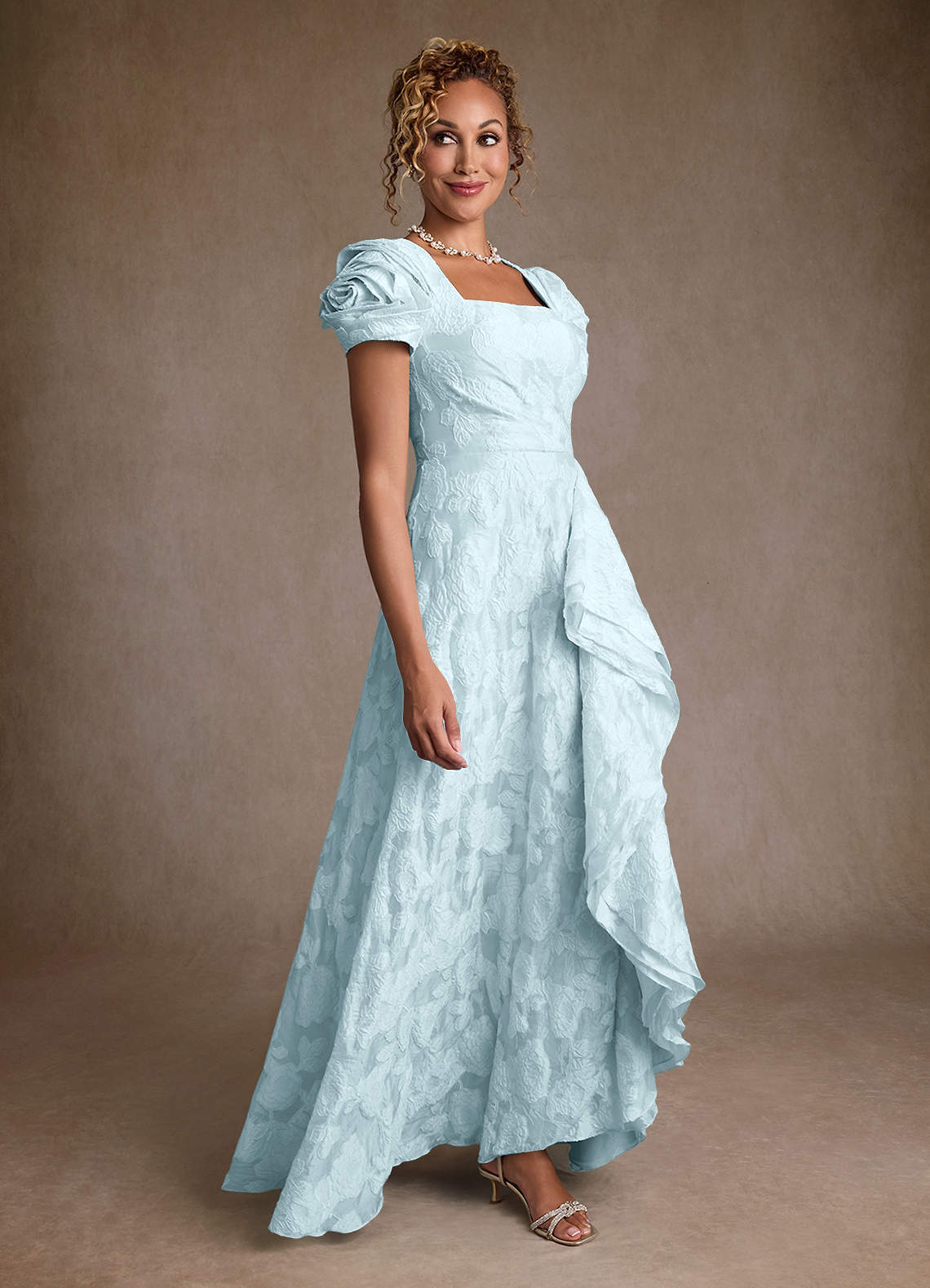 Azazie Hermina Mother of the Bride Dresses Pale Blue Jacquard A-Line Pleated Floral Jacquard Dress image2