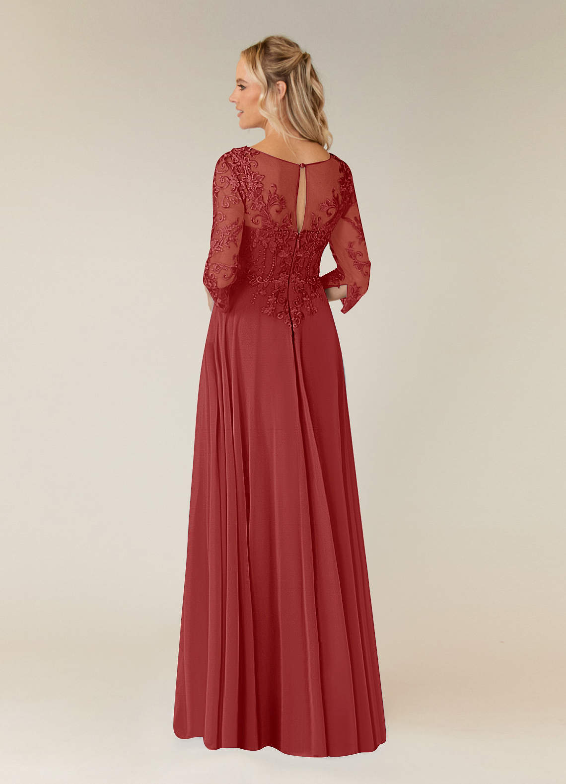 Rust Azazie Noella A-Line V-Neck Lace Chiffon Floor-Length Dress | Azazie